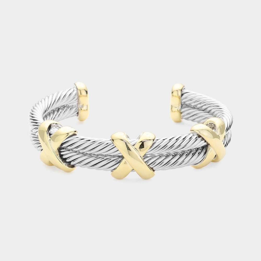 Silver Criss Cross Double Twist Rope Cable Cuff Bracelet Bangle Metal Two Tone